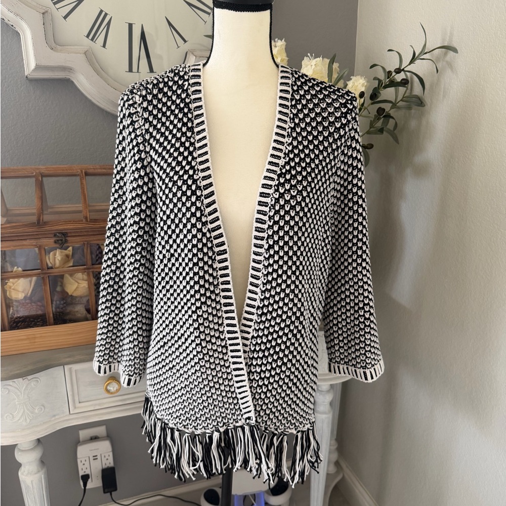 Chico's Black and White Fringe Cardigan
